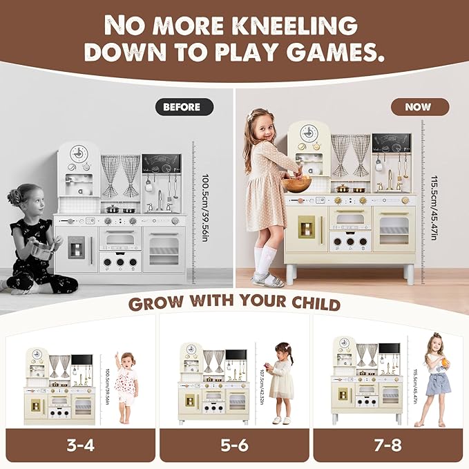 Kids Kitchen playset, Wooden Play Kitchen, Height Adjustable, Comes with Various Kitchen Accessories, Ideal Role Play Toy Gift for Toddlers and Kids Ages 3-8 (White)