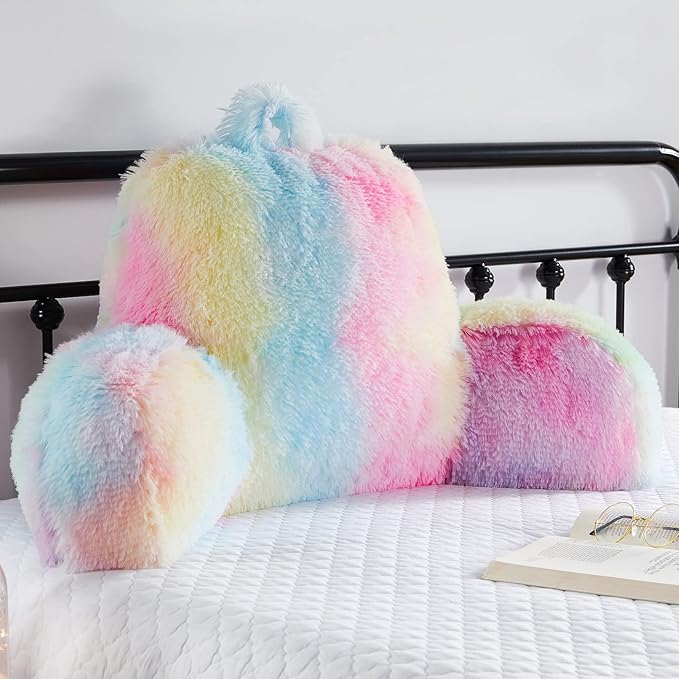 Faux Fur Backrest Pillow for Kids, Teen Reading Pillow with Arms, Fluffy Back Support Pillow for Sitting Up in Bed/Couch, Bed Wedge Pillow for Girls, Reading & Bed Rest Pillows (Pink)