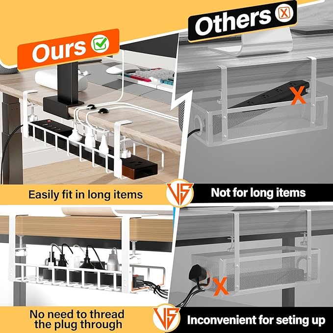 3 Pack Cable Management Under Desk Tray, 47.1" No Drill Under Desk Wire Management with Upgraded Clamp, Metal Cord Organizers with Cable Organizers, PC Cord Organization Rack, White