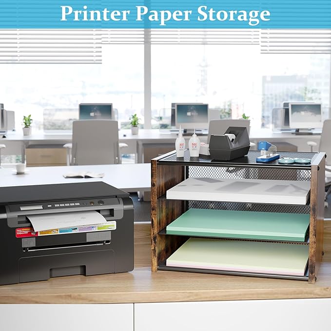 3-Tier Paper Letter Tray, Wooden Desk File Organizer, Stackable Metal Mesh Desk Organizer for Office Supplies. Small Paper Trays for Home Office School, Rustic Brown