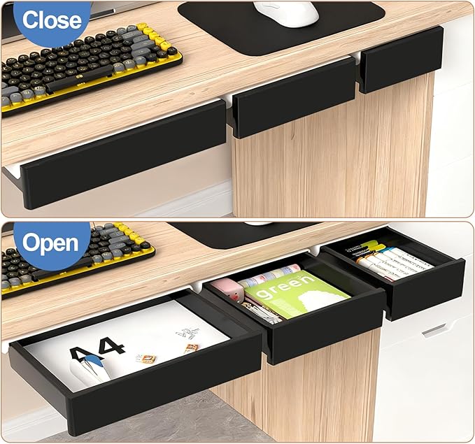 Under Desk Table Drawer Storage Organizer,3 Pack Large & Medium & Small Slide Out Desk Drawers - Hidden Desktop Organizer,Adhesive Storage Pencil Tray Under Table(BLACK/LMS)