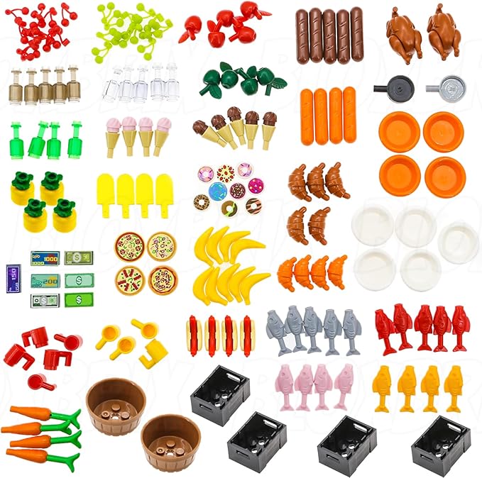 180pcs City-Friends Brick-Food-Pieces -Fruit-Apple-Banana-Pineapple-Cherry Desserts-Ice Cream-Cake-Sweet Cone Picnic--Pizza-Hotdogs-Turkey-Fish-Beer-Money Toys for Extra Bricks