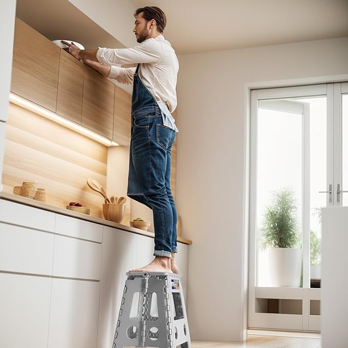 ACKO Folding Step Stool Foldable 17.5 Inch Stool 400 lbs Capacity,Plastic Stools for Adults and Kids,Collapsible Stool for Kitchen, Stepping Stool with Handle(Grey)