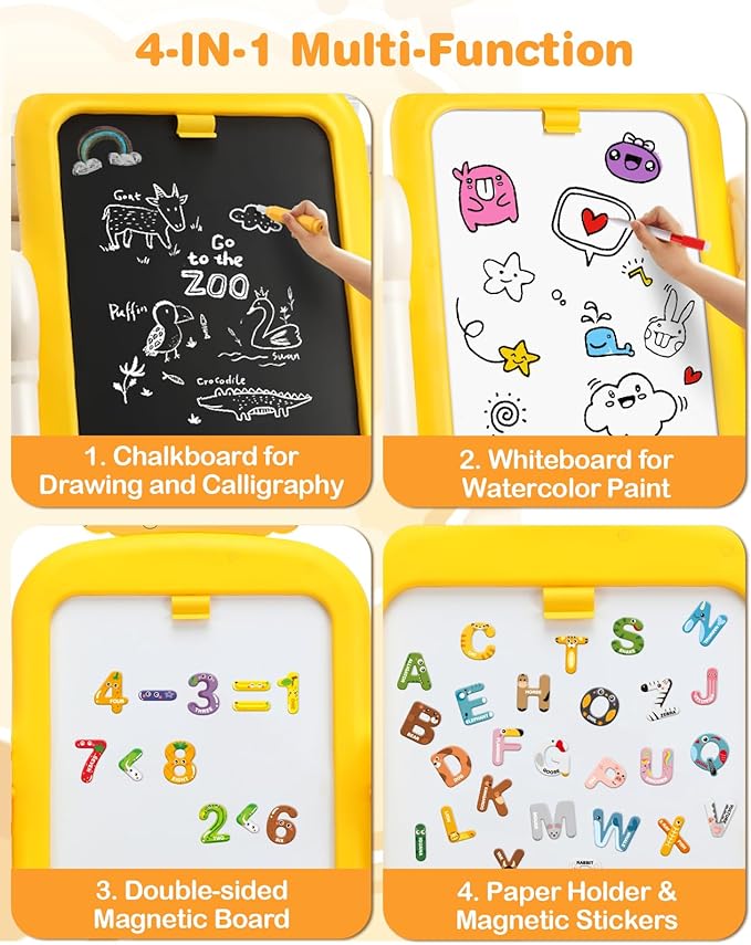 Kids Art Easel for Toddler 3-8, 4 in 1 Standing Rotatable Drawing Board with Painting Accessories, Large Magnetic Child White Board & Chalkboard Learning Educational Toy for Boys Girls Gift with Case