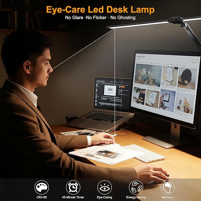 LED Desk Lamp for Office Home, 31.5" Architect Desk Light with Clamp Dual Screen Computer Monitor, 15W 5 Color X 10 Brightness Levels Desk Lamp for Reading, Study, 1000LM Bright, Memory Function