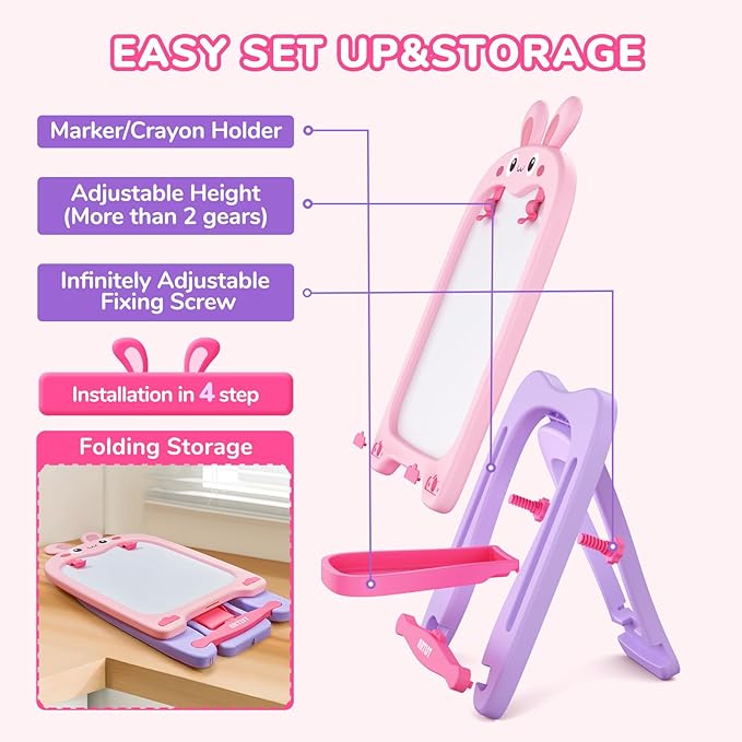 Adjustable Standing Toddler Art Easel with educatinal Accessories for Kid,4-in-1 Double-Side Magnetic Chalkboard&Whiteboard,Dry Eraser Board,Detachable&Portable,Ideal Birthday Gift for2-4,Bunny