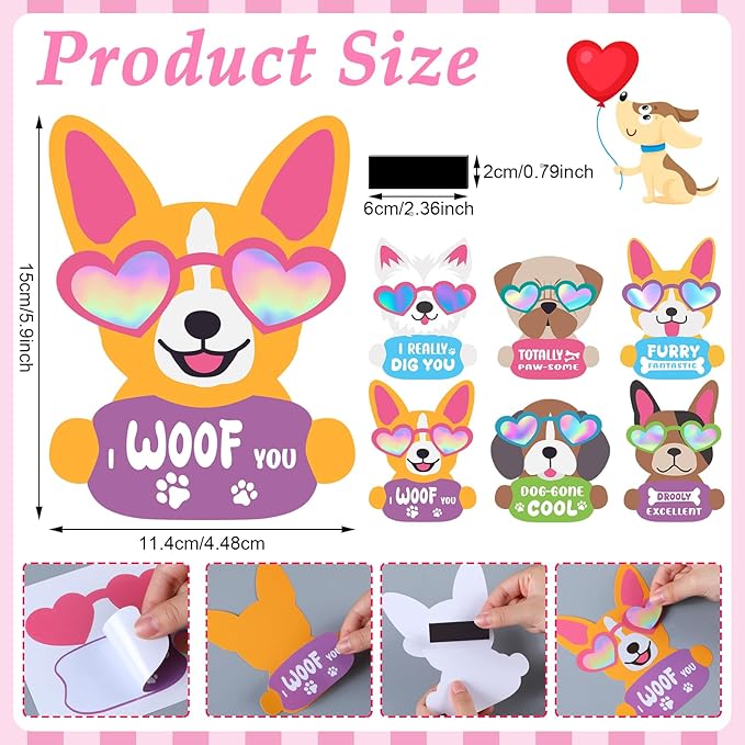 30 Sets Valentine's Day Craft Kit for Kids DIY Valentine Iridescent Cool Dog Magnet Craft Make Your Own Valentine Dog Craft for Valentine's Day Home Classroom Party Favor Game Activities