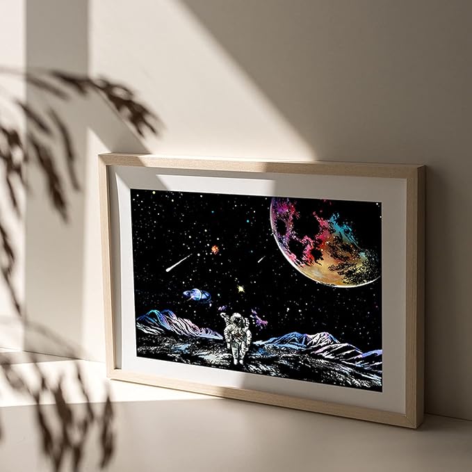 3 Pack Scratch Art Paper Set (16"x11.2") Space Series Series Creative Rainbow Sketches Engraving Craft Kit for Kids & Adults - Cosmos, Astronauts, Starry Sky Painting - 5 Tools: Drawing Pens, Brush