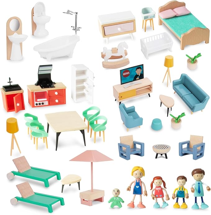 43PCS Wooden Dollhouse Furniture Set for Kids Toddlers 3Y+,Wood and Plastic Blue Dollhouse Accessories, Pretend Play Furniture Toys Christmas Birthday Gift for Boys Girls