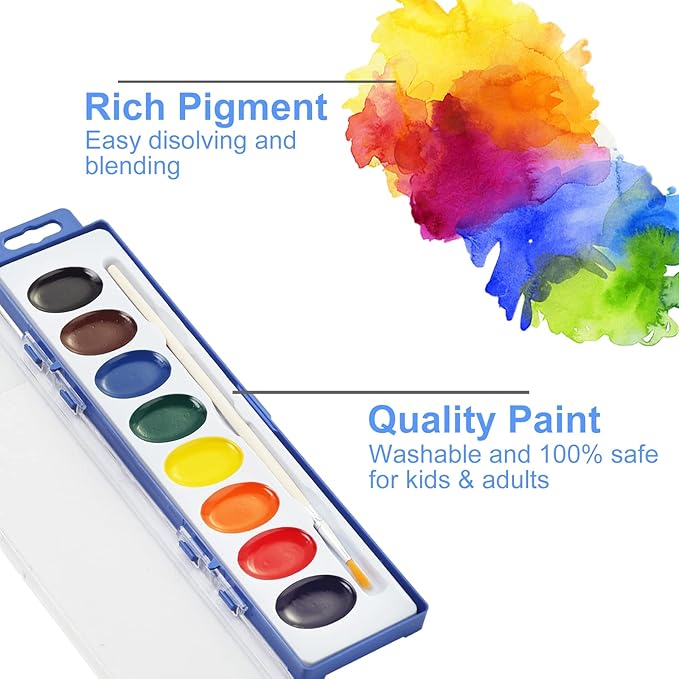 8-Color Watercolor Paint Set for Kids, 36 Pack Washable Watercolors for Party Favors, Gifts, Classroom Supplies (Wood Brushes Included)