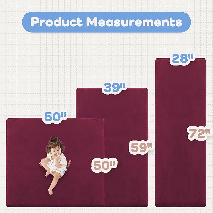 1.3" Thick Baby Floor Play Mat 50x50, Basic Padded Foam Mat for Tummy Time Crawling, Non Slip Cushioned for Babies Toddlers Infants Kids (Burgundy)