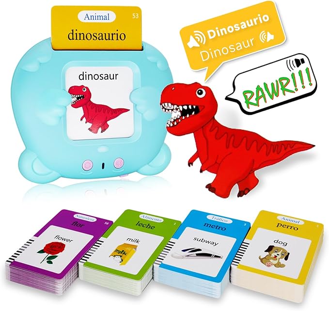 Whongkidz Spanish Talking Flash Cards, Bilingual Toy for Kids Toddlers Pocket Speech Audible Flashcards, Educational Autism Sensory Toys for Autistic Children, Speech Therapy Toys (Blue_112 Cards)