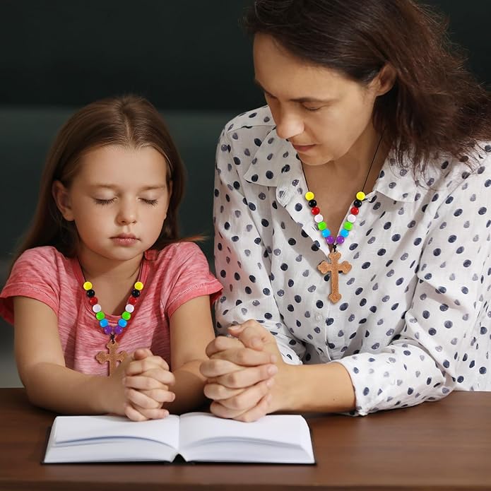 16 Set DIY Wooden Cross Necklaces Christian Crafts DIY Cross Necklace with Colorful Assorted Beads for Sunday Crafts Men Women