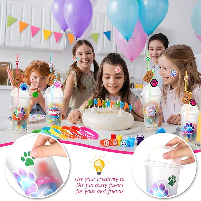 Gejoy 178 Pcs Dog Paw Party Favors Set Includes Paw Straws Cups Silicone Bracelet Keychain Stamper Sticker Pendant Chain Thank You Tag for Boy Girl Dog Theme Party Supplies(Paw)
