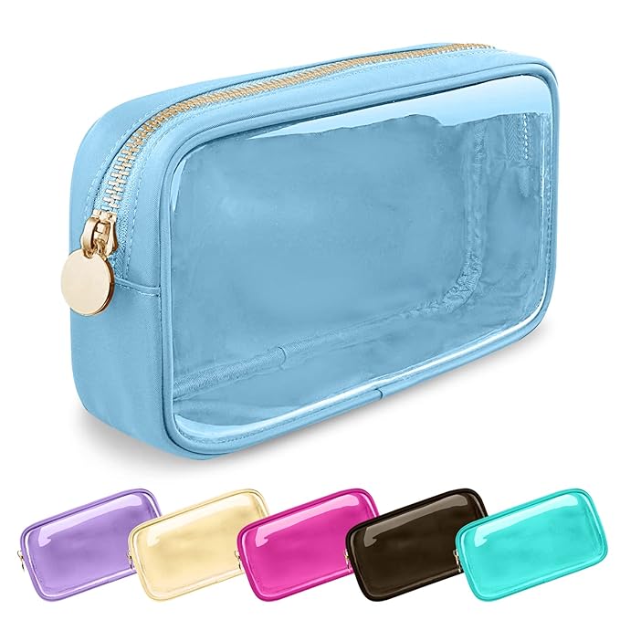UIXIZQ Clear Small Makeup Bag with Zipper, Nylon&PVC Cosmetic Travel Bag Preppy TSA Approved Toiletry Bag for Women Girls, Transparent Waterproof Makeup Pouches Cute Travel Bag for Purse(Small-Blue)