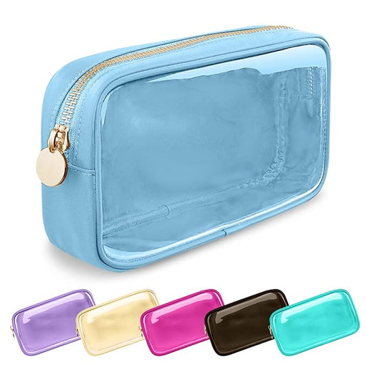 UIXIZQ Clear Small Makeup Bag with Zipper, Nylon&PVC Cosmetic Travel Bag Preppy TSA Approved Toiletry Bag for Women Girls, Transparent Waterproof Makeup Pouches Cute Travel Bag for Purse(Small-Blue)