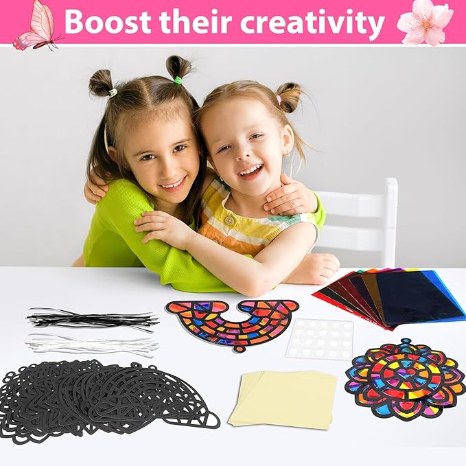 32Pcs Window Suncatcher Kit Spring Window Art DIY Suncatcher Crafts for Kids Rainbow Heart Sun Catcher Craft Stained Glass Effect Tissue Paper Valentine's Day Party Favors Classroom Decor