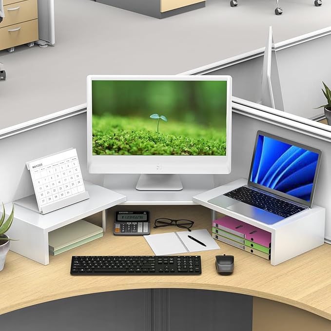 OUTIOE Dual Monitor Stand for Desk, Metal Computer Stand, Desk Shelf Riser,Desktop Organizer for Home and Office Use (White)