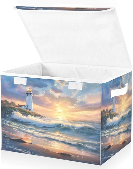 senya Large Storage Bins with Linen Collapsible Foldable Storage Cubes Fabric Closet Organizer Containers box with Flip-Top Lid for Home Bedroom Office 16.7 x 12.6 x 11.8in (Seaside Scenery)