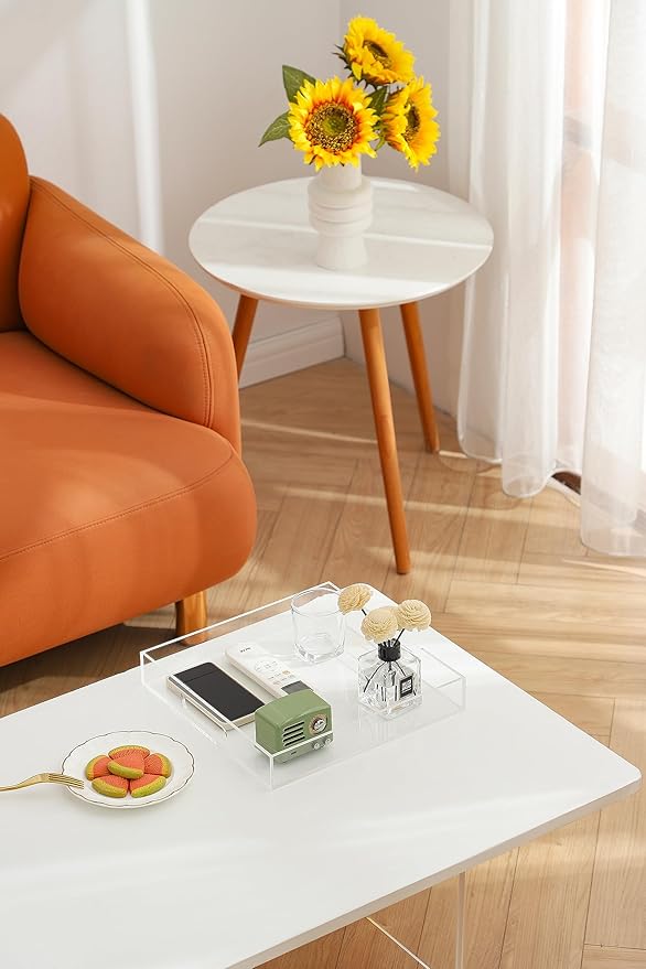 BEYLANG Clear Sturdy Acrylic Serving Tray with Handles-12x12 Inch-Serving Coffee,Appetizer,Breakfast,Butler-Kitchen Countertop Makeup Drawer Organizer-Vanity Table,Ottoman Tray