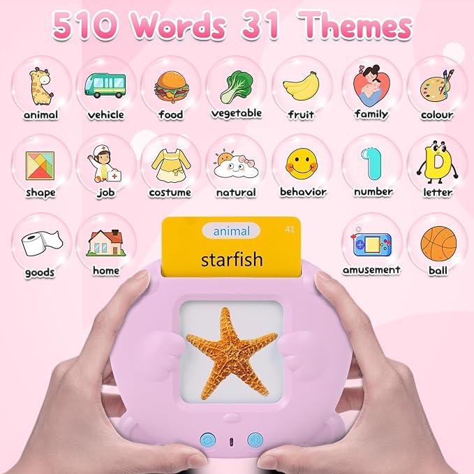 Toddler Talking Flash Cards with 255 Cards and 510 Words, Montessori Toys, Speech Therapy, Autism Sensory Toys, Learning Educational Gifts with Music for 3 4 5 6 Year Old Boys and Girls(Pink)