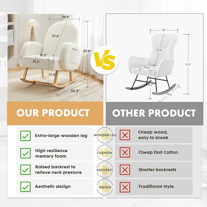 Upholstered Rocking Chair, Glider Chair with Side Pocket, Rocking Accent Chair with Rubber Wood Legs, Wooden Nursery Rocking Chair for Living Room, Bedroom, Nursery