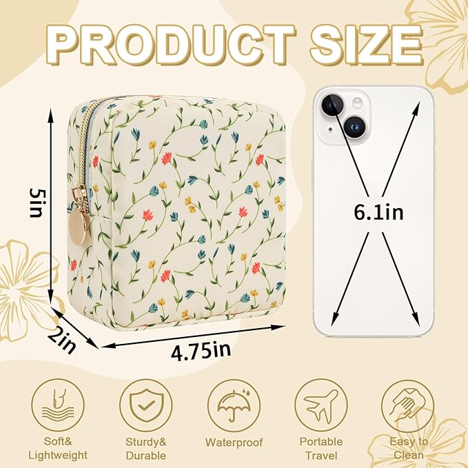 UIXIZQ Waterproof Mini Floral Makeup Bag Pouch for Purse,Nylon Flower Cosmetic Bag Small Preppy Toiletry Organizers Bag for Women Girl,Cute Zipper Pouch Coin Purse for Work(Mini Light Yellow-Flowers)