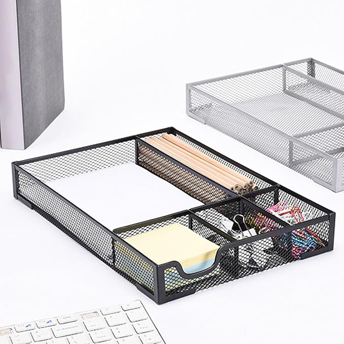 Pssopp Desk Drawer Organizer Tray, 5 Dividers Ventilated Mesh Space Saving Stationery Pen Pencil Organizers with anti Slip Pads for Office Supplies Makeup Vanity Desktop (Black)
