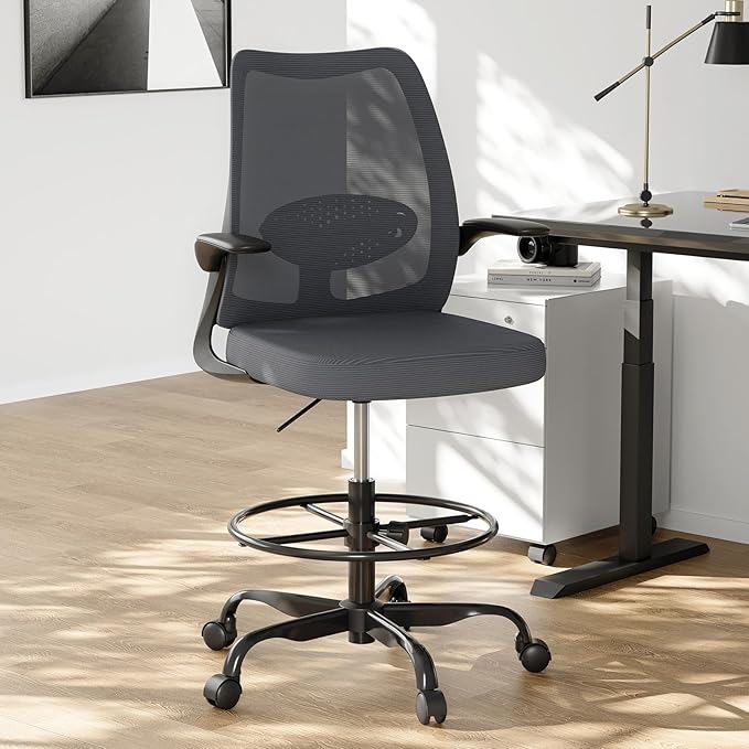 Drafting Chair,Tall Office Chair with Adjustable Footrest Ring,Lumbar Support,Ergonomic High Desk Seat,Flip-Up Armrests,Breathable Mesh Standing Stool for Home Office,Grey