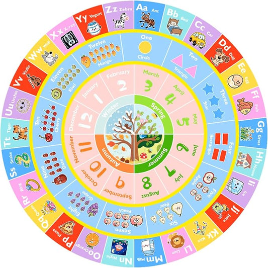 ABC Round Kids Rug for Playroom, 4ft Alphabet Small Classroom Rug, Educational Kids Play Mat With Number Shape Animal Season, Learning Area Rug for Nursery Bedroom Kidsroom, Colorful Non-Slip Washable
