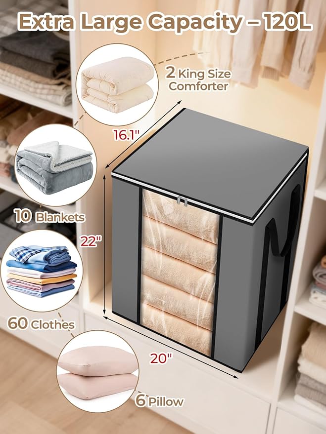 120L Extra Large Blanket & Clothes Storage Bags for Bedding & Comforters & Pillow–Foldable Thick Waterproof Fabric with Clear Window,Dual Zippers & Sturdy Handles,3 Pack Seasonal Organization
