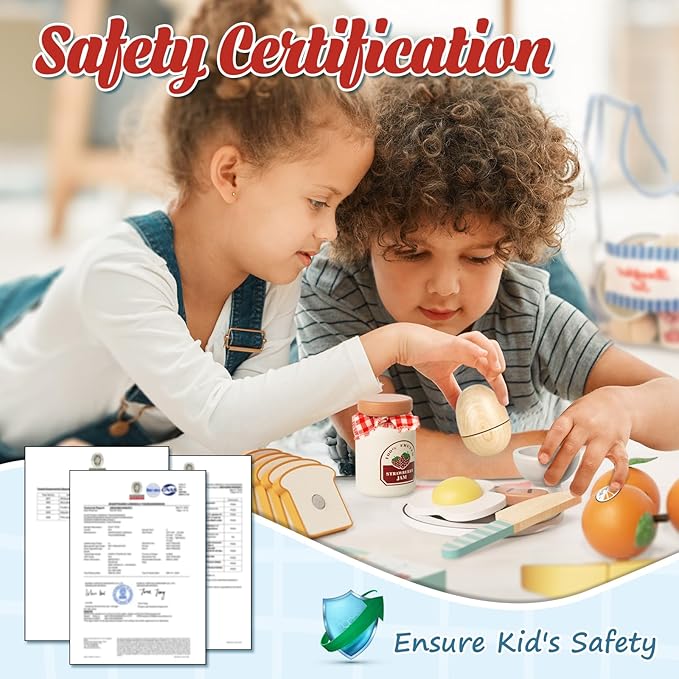 Lehoo Castle Play Food Sets for Kids Kitchen, Wooden Toys Play Kitchen Accessories, Fake Food Pretend Play for Toddlers 3-5, Realistic Food Playset Cutting Fruit Bread Egg Bag, 3 Year Old Girl Gift