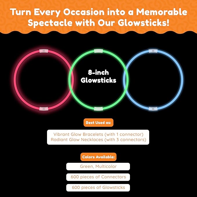 Glow Fever 209pcs Glow Sticks Bulk Party Pack includes 100 8" Glow Sticks and 109 Accessories, with bonus connectors for glow sphere and eye glasses, for Party Festivals Rave Halloween