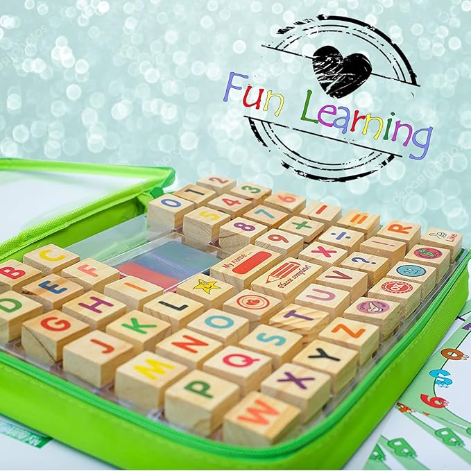 Large Wooden Stamp Premium Set for Kids. 72 Pcs Alphabet Stamps. Letters, Numbers, 3-Color Washable Ink Pad, 3 Refill Bottles, Activity Book. Ideal Creativity Kit for Back to School