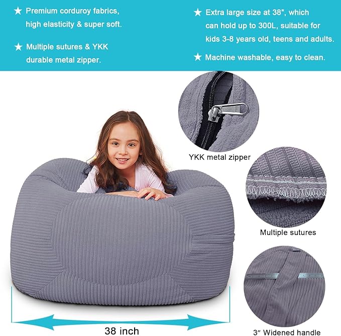 Stuffed Animal Storage Bean Bag Chair Cover for Kids, 38" Beanbag Chairs Cover Plush Toys Organizer Super Soft Corduroy with Handle and Zipper for Boys and Girls - Grey