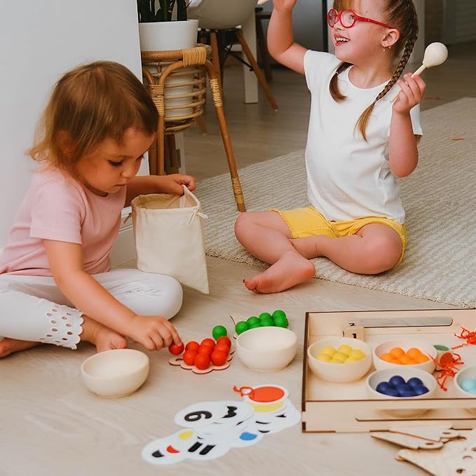 Ulanik Sweet Counting Large Toddler Montessori Toys for 3 Year Old + Kids Wooden Matching Game for Learning Color Sorting and Counting — 60 Balls, 0.98 in