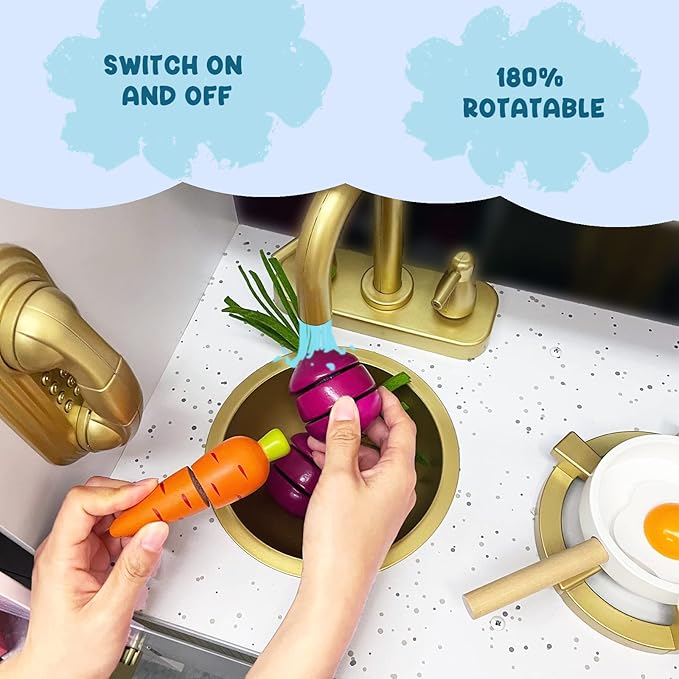 Kitchen Playset for Kids Ages 3-8, Wooden Pretend Play Kitchen with Realistic Sounds, Including Telephone, Ice Maker, Refrigerator, Dimensions: 35” H x 31” W x 12” D (White)