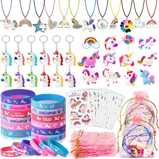 72Pcs Unicorn Party Favors Birthday Supplies for Girls Unicorn Silicone Bracelets Necklaces Rings Keychains Tattoos Rainbow Unicorn Gifts Toys Unicorn Party Supplies Gift Goodie Bag Fillers