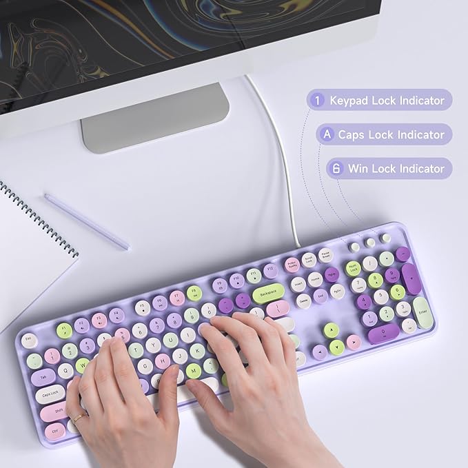 Computer Keyboard Wired, Plug and Play USB Retro Round Typewriter Keyboard, Full Size Wired Keyboard with Foldable Stands for Laptop and Office PC- Purple Colorful