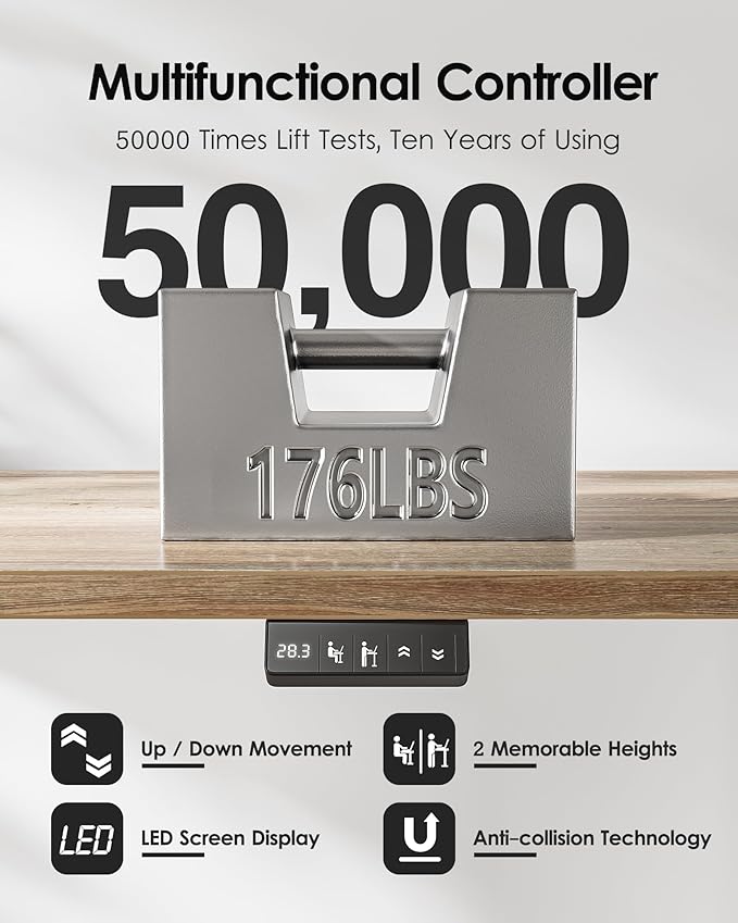 TIQLAB Electric Height Adjustable Standing Desk 47.2×23.6 inch, Sit Stand Desk with Splice Board, Memory Controller, White Frame & Maple Top Computer Workstation for Home Office