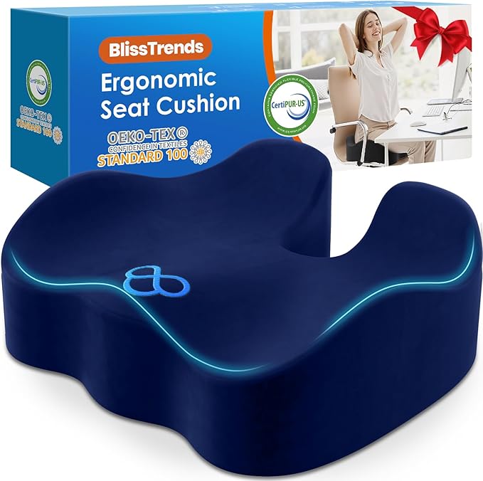 BlissTrends Seat Cushion,5.2in Thick Memory Foam Cushions for Office Chair, Car Seat, Airplane, Relieving Pressure Tailbone Sciatica Back Pain for Long Sitting Office Workers, Car Drivers Blue