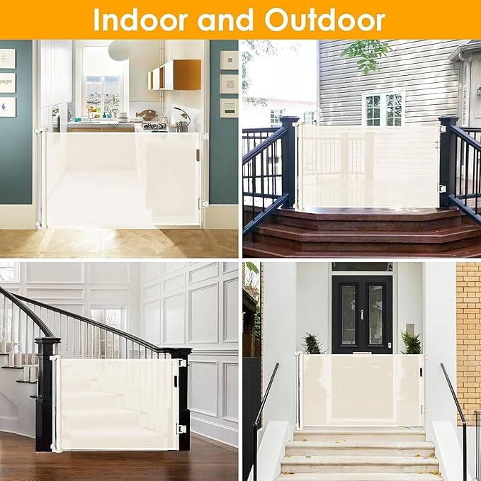60 Inch Retractable Baby Gate Mesh Dog Gates for The House Pet Gates for Dogs Child Gates for Doorways Outdoor Gates for Decks Stair Gates for Kids or Pets Indoor Gate for Dogs Toddler Gate (Beige)