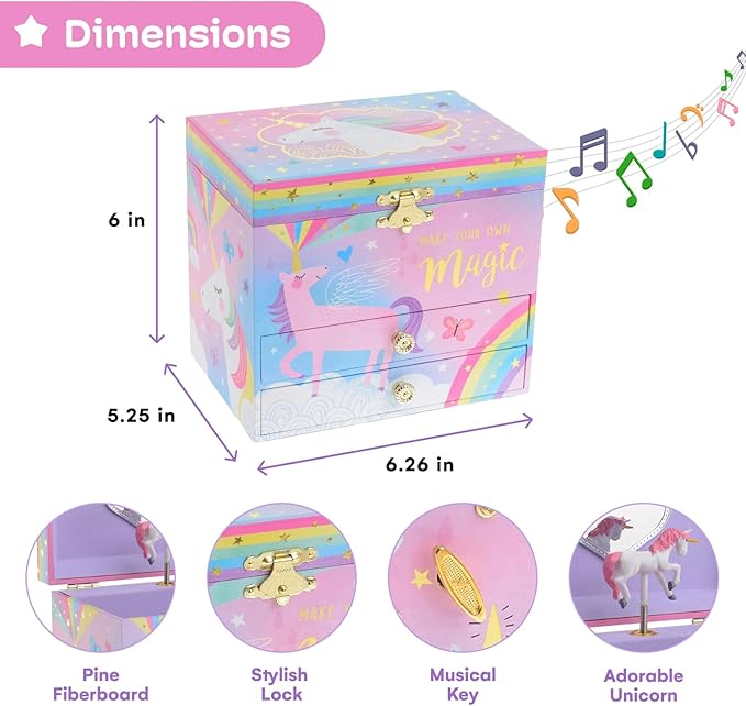 Jewelkeeper Unicorn Musical Jewelry Box for Girls - Cotton Candy Rainbow Design Music Box with 2 Pullout Drawers to Store Earrings, Necklace and Bracelets, Plays The Beautiful Dreamer Tune