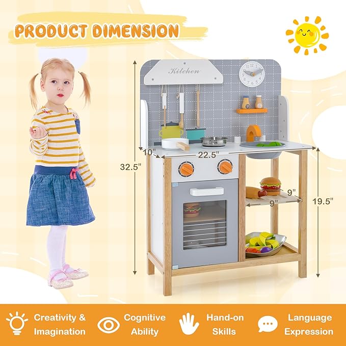 HONEY JOY Kids Kitchen Playset, Toddler Wooden Play Kitchen Set w/Sink, Stove & Oven, Cooking Accessories, Large Storage Cabinet, Little Chef Pretend Play Toy Kitchen Set, Gift for Boys Girls, Gray