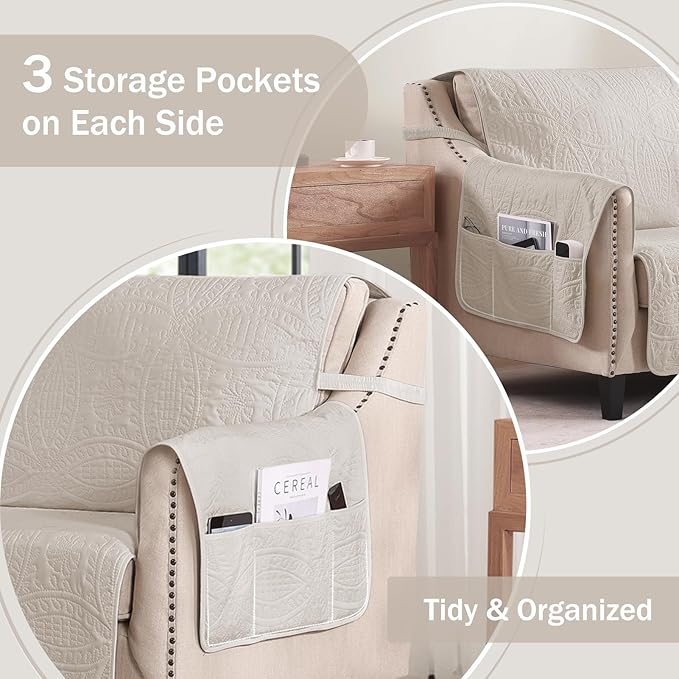 Quilted Beige Sofa Slipcovers with Pockets, Anti-Slip Medallion Couch Covers for 3 Cushion Sofa, Couch Cover for Dogs Cats Water-Repellent Machine Washable (Large Sofa 68", Beige Cream)