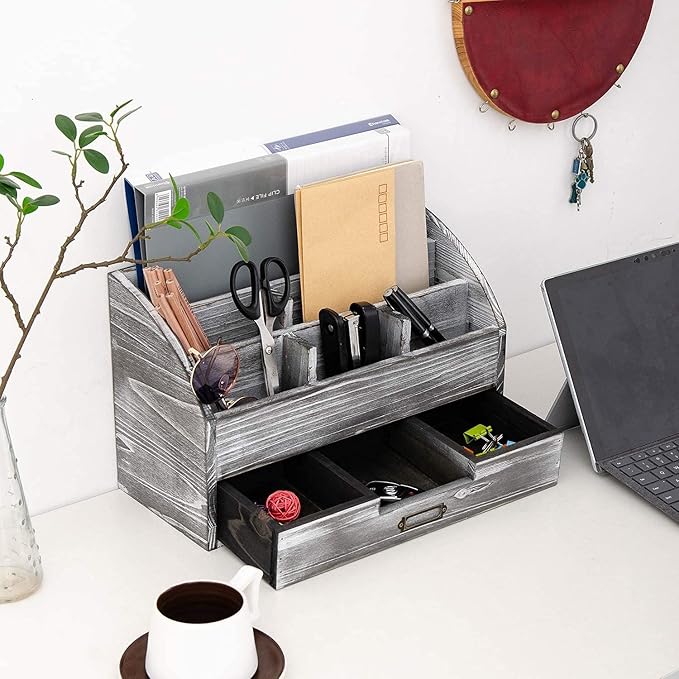 VERGOODR Rustic Wooden Office Desk Organizer 5 Compartment with 2 Drawer &Counter Home Tabletop Desktop Jewelry Mail Rack Storage Box for Pens Notebooks Folders Pencils (Grey white)