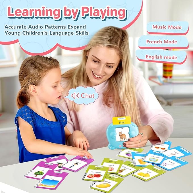 French & English Talking Flash Cards for Toddler 1-6 Year Olds, Learning Montessori Toys with 224 Sight Words, Speech Therapy Toys, Children's Sensory Preschool Learning Educational Birthday Gifts
