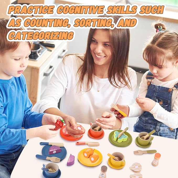 GAGAKU Wooden Play Food Sets for Kids Kitchen,Montessori Wooden Play Food Toys Play Plates and Dishes for Kids Wooden Play Kitchen Accessories Play Dishes for Toddler Boys Girls Gifts