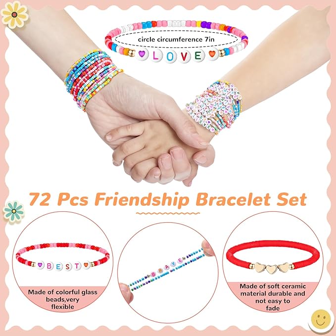 72 Pcs Friendship Bracelets Bulk for Woman Adjustable Colorful Beaded Bracelets Colorful Letter Beads Bracelets Friends Surfer Beaded Bracelets for Women(Elastic Bead Style)