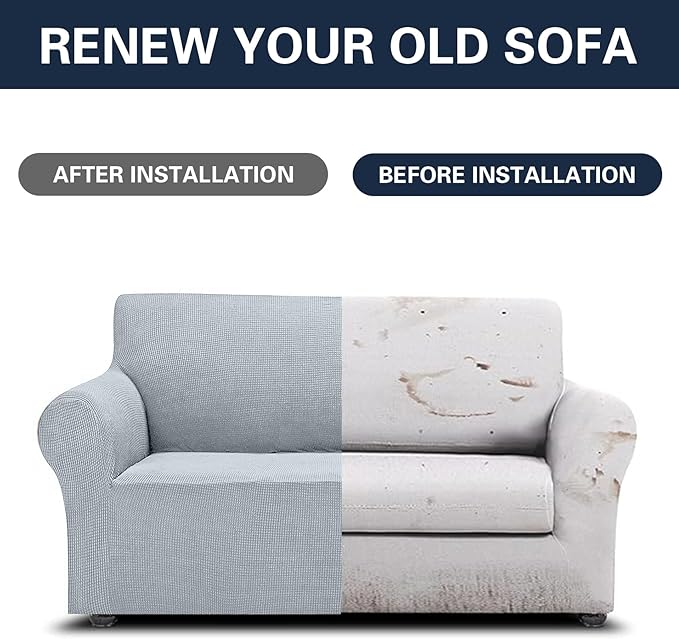 2025 New Stretch Loveseat Sofa Slipcovers Couch Cover for 2 Cushion Furniture Protector Sofa Covers with Elastic Bottom Jacquard Fabric Small Checks for Pets, Kids - Silver